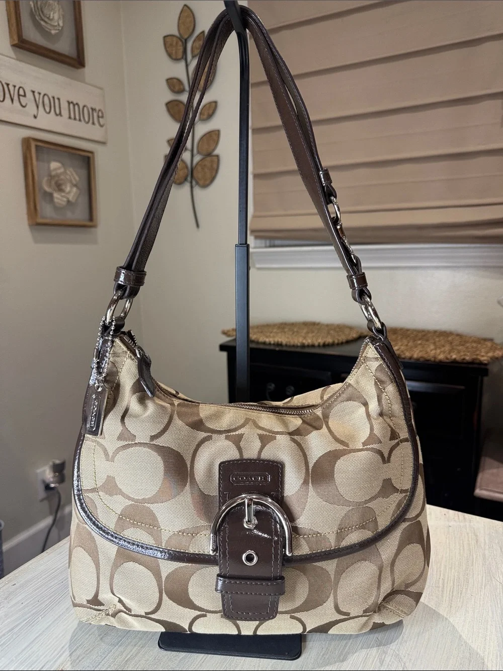 Y2K Coach Signature SoHo Flap Canvas Hobo Bag in Khaki/Brown Patent Trim-EUC